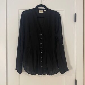 Black Button-Up Blouse with Fluted Details